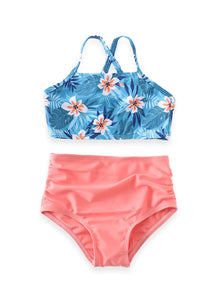 Blue & Coral Floral 2 pc Swimsuit