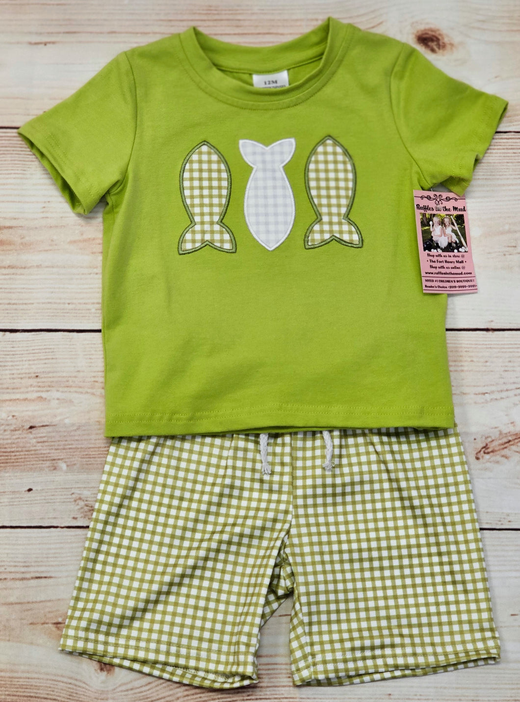 Green Plaid Fish Embroidered Set
