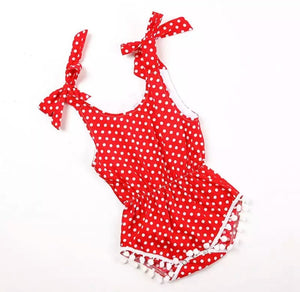Red Little Polka Dot Pom-Pom Romper with Retro Tie Headband