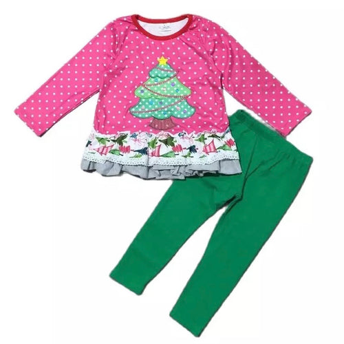Pink Polka Dot Embroidered Christmas Tree Pants Set