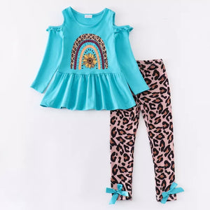 Turquoise Rainbow & Leopard Pants Set