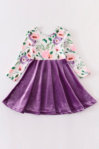 Purple Floral Velvet Twirl Dress