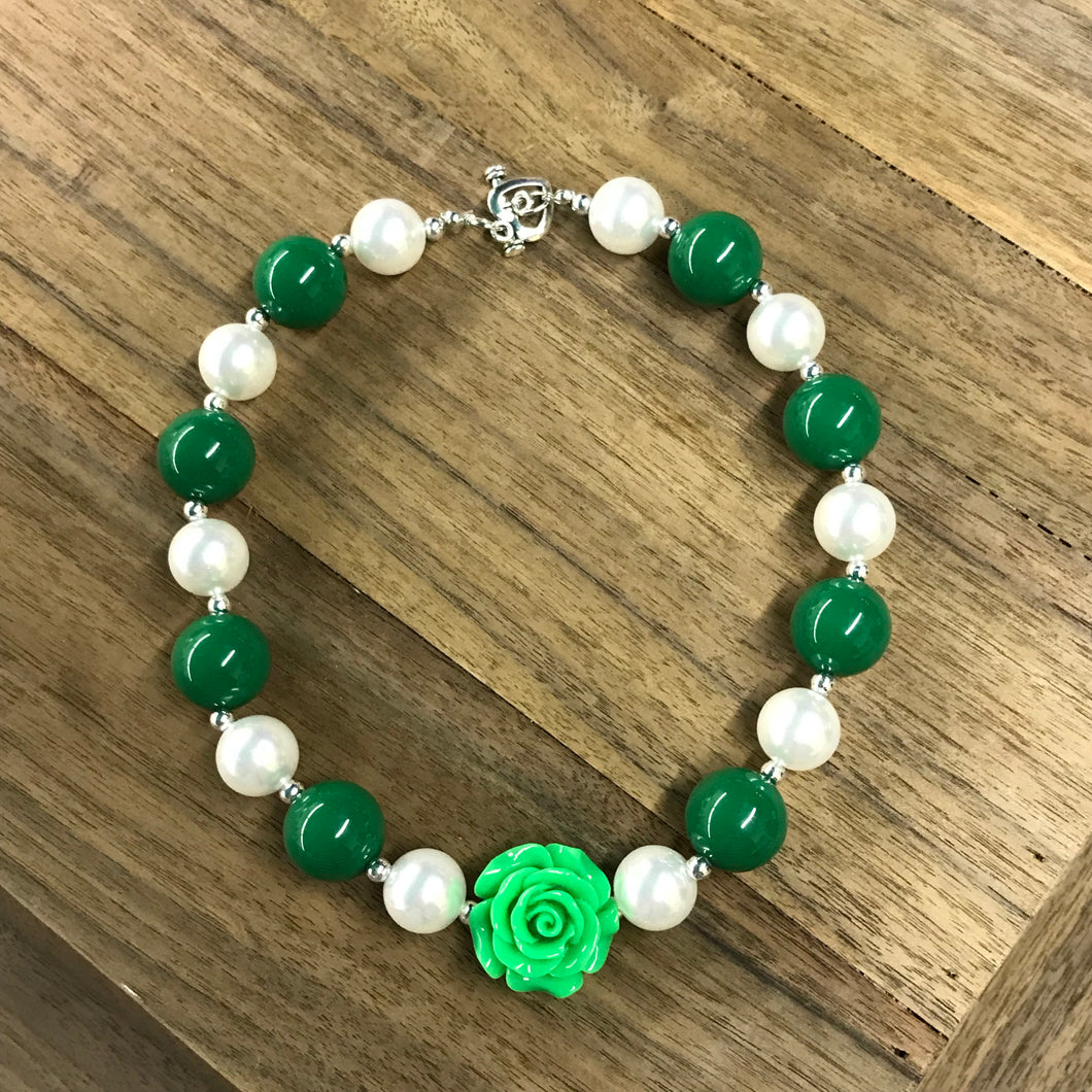 Green Rose & Pearls Chunky Bead Necklace