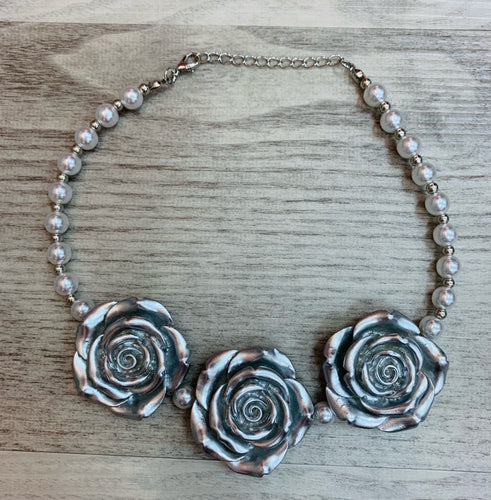 Silver • Triple Rose Pearl Necklace